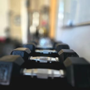 Close-up of dumbbells on the rack
