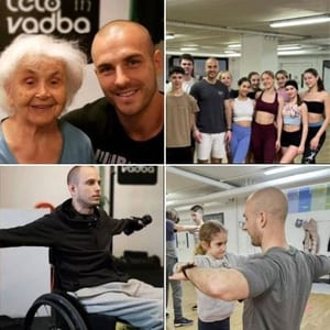 Štiri fotografije Nejca Koflerja z vadečimi: starejša ženska, trening na vozičku, vadba z deklico in skupina